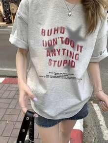 Women's Casual Loose Fit Round Neck Letter & Star Print Short Sleeve T-Shirt, Versatile For Spring/Summer - Light Gray - View 1