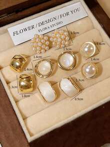 5pcs/Set Vintage Faux Pearl Five-Pointed Star & Circle Stud Earrings Set, Minimalist Design Suitable For Women Daily & Festival Wear (No Box) - Set a - View 7