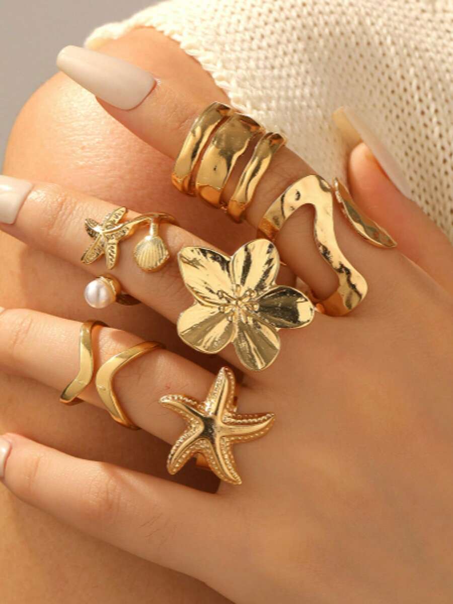 Bộ 6 chiếc nhẫn kim loại thời trang hình sao biển và hoa, kiểu dáng đa dạng, thích hợp cho tiệc bãi biển và kỳ nghỉ ven biển. - Nhiều màu - Xem 1
