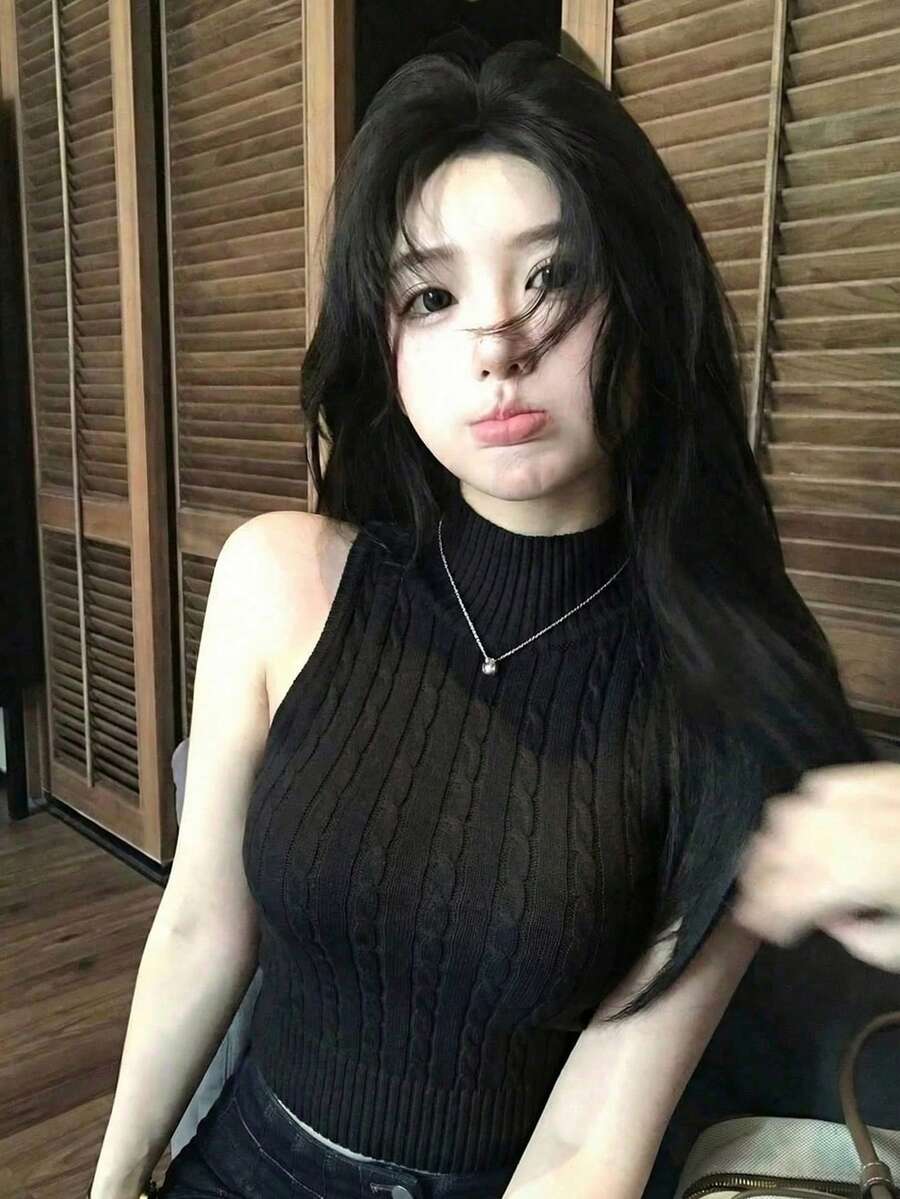 Áo tank top dệt kim màu trắng không tay dành cho nữ, kiểu dáng ôm sát thanh lịch kiểu Pháp màu đen. - màu đen - Xem 1