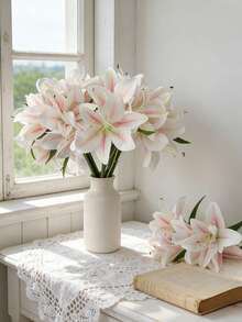 MEHELANY 6朵/1支装白色仿真百合花，逼真花卉装饰，适用于家居装饰、花束、DIY婚礼新娘礼物、生日派对用品、桌面装饰、庭院装饰、婚礼装饰、花束、仿真花、返校装饰 - 香檳色 - 查看 3