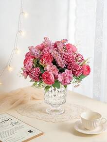 1支/3支人造玫瑰、绣球花、牡丹混合花束，婚礼新娘装饰，DIY花环，生日派对，家居装饰，花瓶填充物，户外花园，秋季，新年礼物 - 玫紅色 - 查看 2