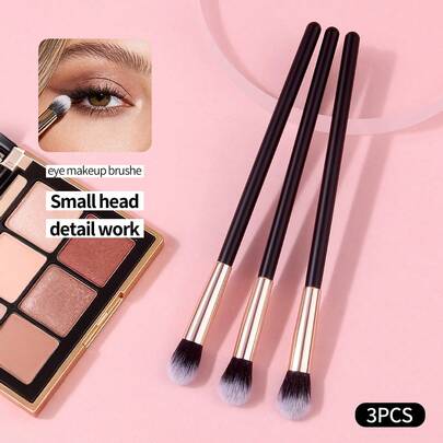 3支装黑色眼影刷，木柄，中号圆形刷头，晕染刷，化妆刷。便携版，化妆品工具，家用户外男女通用