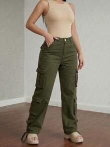 Women's High Waisted Wide Leg Jeans - Light Wash Straight Denim Pants Relaxed Fit Minimalist Aesthetic - 軍綠色 - 查看 3