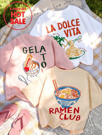 3pcs/Set Summer New Minimalist Ins Hand-Painted Ramen Graphic Combo Print Round Neck Short Sleeve T-Shirt, Fashionable Versatile Casual Wear For Women