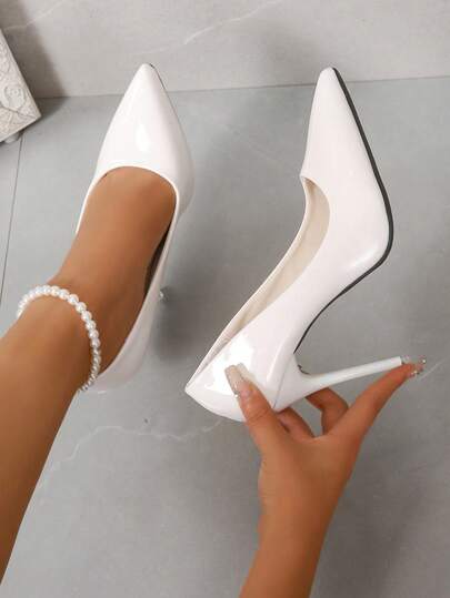 Giày cao gót mũi nhọn 10cm, giày trang trọng thanh lịch cho đám cưới, tiệc tùng, hộp đêm, tiệc chiêu đãi, công sở, màu trắng bóng.