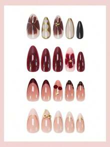 24pcs Medium Almond Shaped Nail Stickers, White French Pointed Tip, Floral Pattern, Fashionable Full Coverage, Suitable For Women & Girls Daily Wear, Summer Nail Art Nails Nail Supplies - 多色 6 - 查看 4