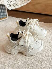 1 đôi giày thể thao đế dày thoáng khí bằng lưới dành cho trẻ em, giày thể thao mềm, giày chạy bộ buộc dây cho bé gái. - Màu be - Xem 1