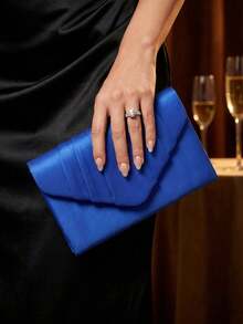 优雅女士婚礼手拿包，奢华褶皱方形手提包，适合正式场合 - 性感纯色涤纶信封式手拿包，配有可拆卸链条肩带、纽扣开合和涤纶衬里 - 适合派对、酒吧、夜总会、婚礼、舞会、宴会等场合 - 寶藍色 - 查看 7