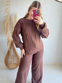 Women's Winter Mousse Knit Set - Wide-Leg Pants And Braided Blouse - 鏽棕色 - 查看 3