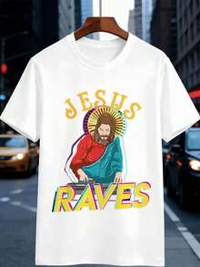 Jesus Raves DJ Graphic Print TShirt Street Hip-Hop, Traspirante, Stampa Grafica Unica, Nuova Uscita - 白色 - 查看 2