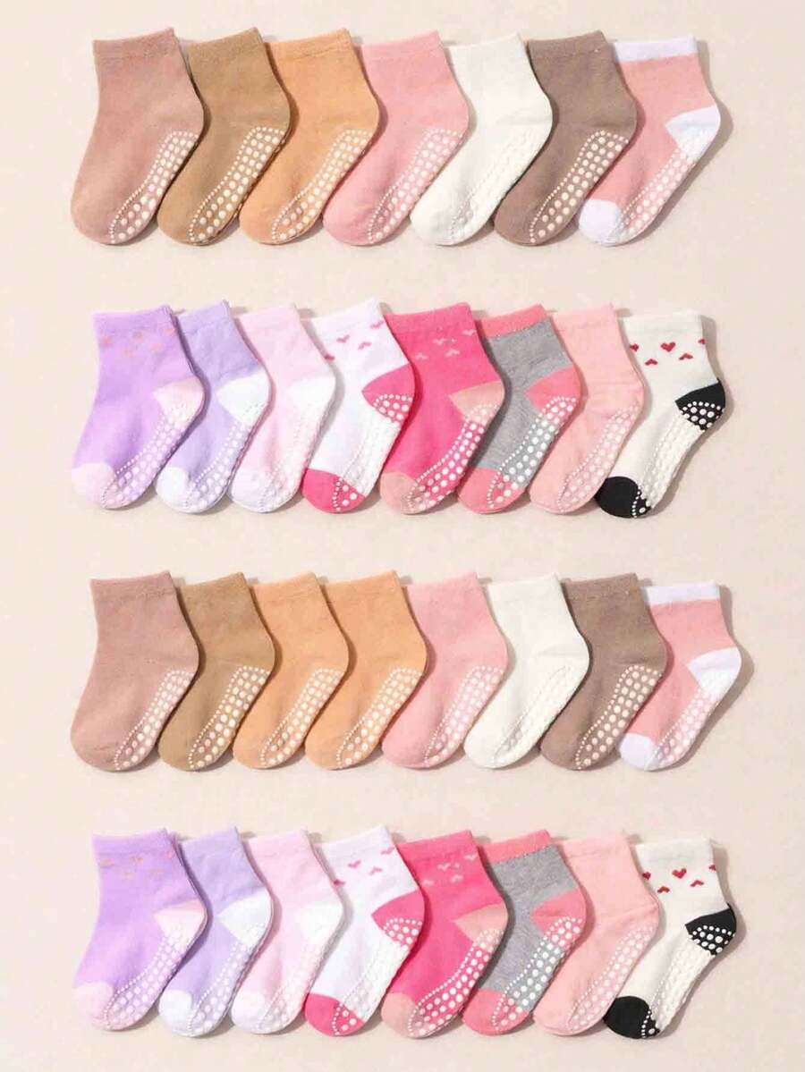 5双随机儿童防滑中筒袜，心形印花防滑踝袜，透气防滑，适合婴儿日常穿着、爬行和学步 - 彩色 - 查看 1