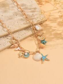 1pc Summer Dopamine Ocean Style Natural Seashell Alloy Glazed Pendant Necklace, Suitable For Daily Wear, Travel And Party, Natural Seashell Material Shape And Pattern Are Random - Multicolor - View 3