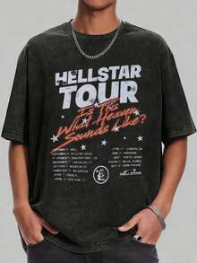 Hellstars Tour Is This What Heaven Sounds Like Vintage Washed Print Round Neck Short Sleeve T-Shirt, 230g 100% Cotton T-Shirt, Summer Clothes, Men's Tops, Casual And Comfortable, Fashionable Graphic Tee, Unisex Style - Black - View 1