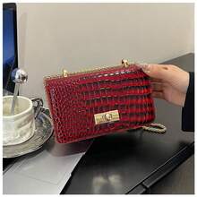 Faux Leather Solid Color Crocodile Embossed Fashion Mini Chain Crossbody Bag - Burgundy - View 4