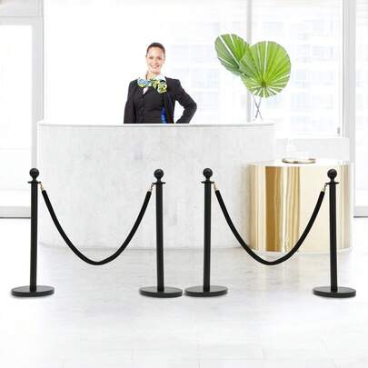 4-Post Stanchion Barrier Set With 2 Velvet Ropes Gold & Black Crowd Control Posts 4-Way Connector Queue Poles