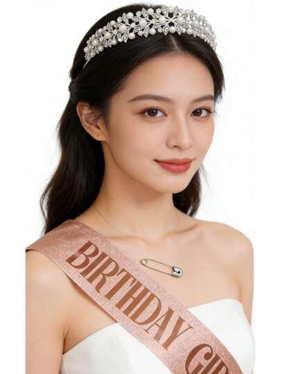 Bộ vương miện cô dâu - Vương miện hợp kim đính ngọc trai kèm dây đeo vai, phụ kiện tóc hình vương miện công chúa phù hợp cho váy cưới, biểu diễn, thi đấu, sinh nhật, chụp ảnh, trang phục thường ngày.