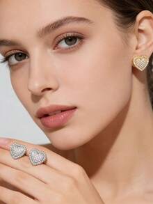 新款欧美风铜质微镶锆石心形耳钉，女士结婚周年纪念礼物 - 彩色 - 查看 12