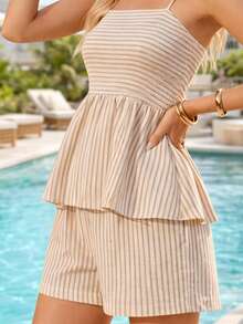 Women's Pink Striped Set With Shorts – Tank Top, Summer, Casual Chic Look, Elegant Boho Casual Women's Fashion, Layered, Beach, Vacation - 米色 - 查看 4