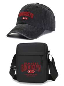 1pc/2pcs "BROOKLYN" Slogan Graphic Print Baseball Cap And Crossbody Bag Set, Streetwear Fashion Outdoor Sports Adjustable Curved Brim Cap And Shoulder Bag, Gift For Yourself Or Friends/Family - Black - View 6