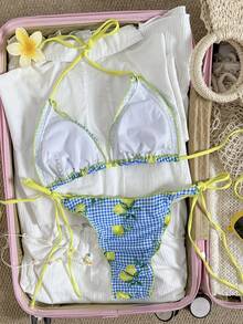 2026 热带印花荷叶边系带比基尼两件套泳衣，夏季海滩度假 - 彩色 - 查看 2