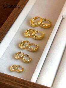 Western Jewelry Anckle Bracelet5 Pairs Minimalist Luxury Casual Copper Hoop Earrings, Geometric Design, Versatile & Elegant Women Earrings Setjewelry Woman Beach Accsesories - 黃金 - 查看 8