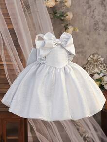 Baby Girls' Spaghetti Strap Bowknot Backless Glitter Tulle Lovely Birthday Party Princess Dress, Suitable For Formal Occasions, Parties, Excluding Headband - Silver - View 4