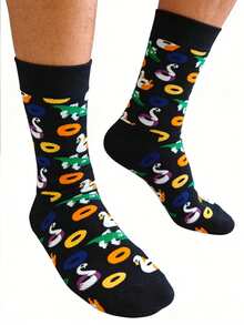 1 Pair Unisex Black Casual Socks With Swimming Ring Graphic, Street Style Mid-Calf Socks, Suitable For All Seasons - Black - View 4