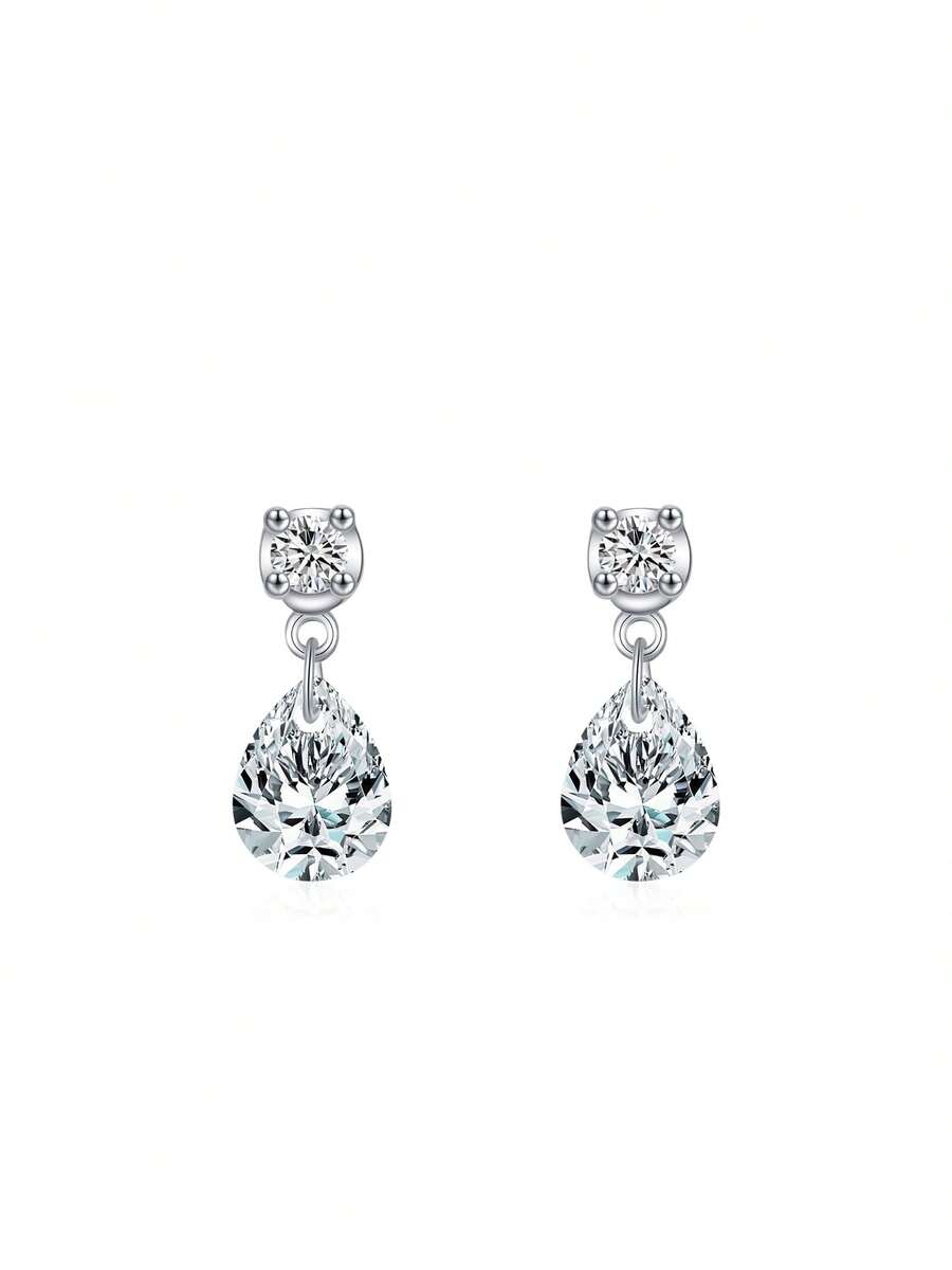 1对时尚925纯银水滴形耳环，镶嵌闪亮锆石，适合女性婚礼派对佩戴