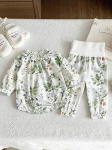 Spring Baby Girl Rabbit Print Romper And Pants Casual Outfit - Green - View 1