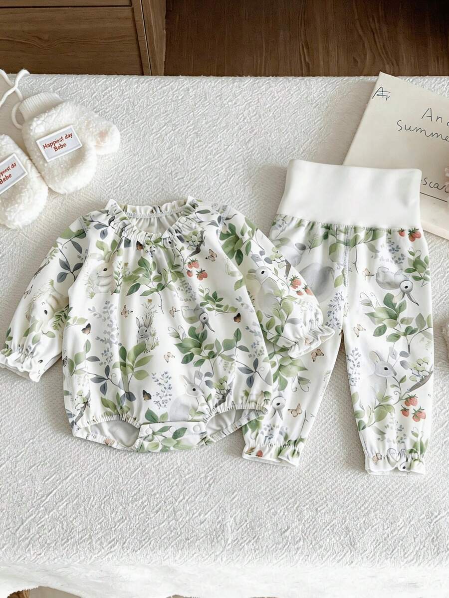 Spring Baby Girl Rabbit Print Romper And Pants Casual Outfit - Green - View 1