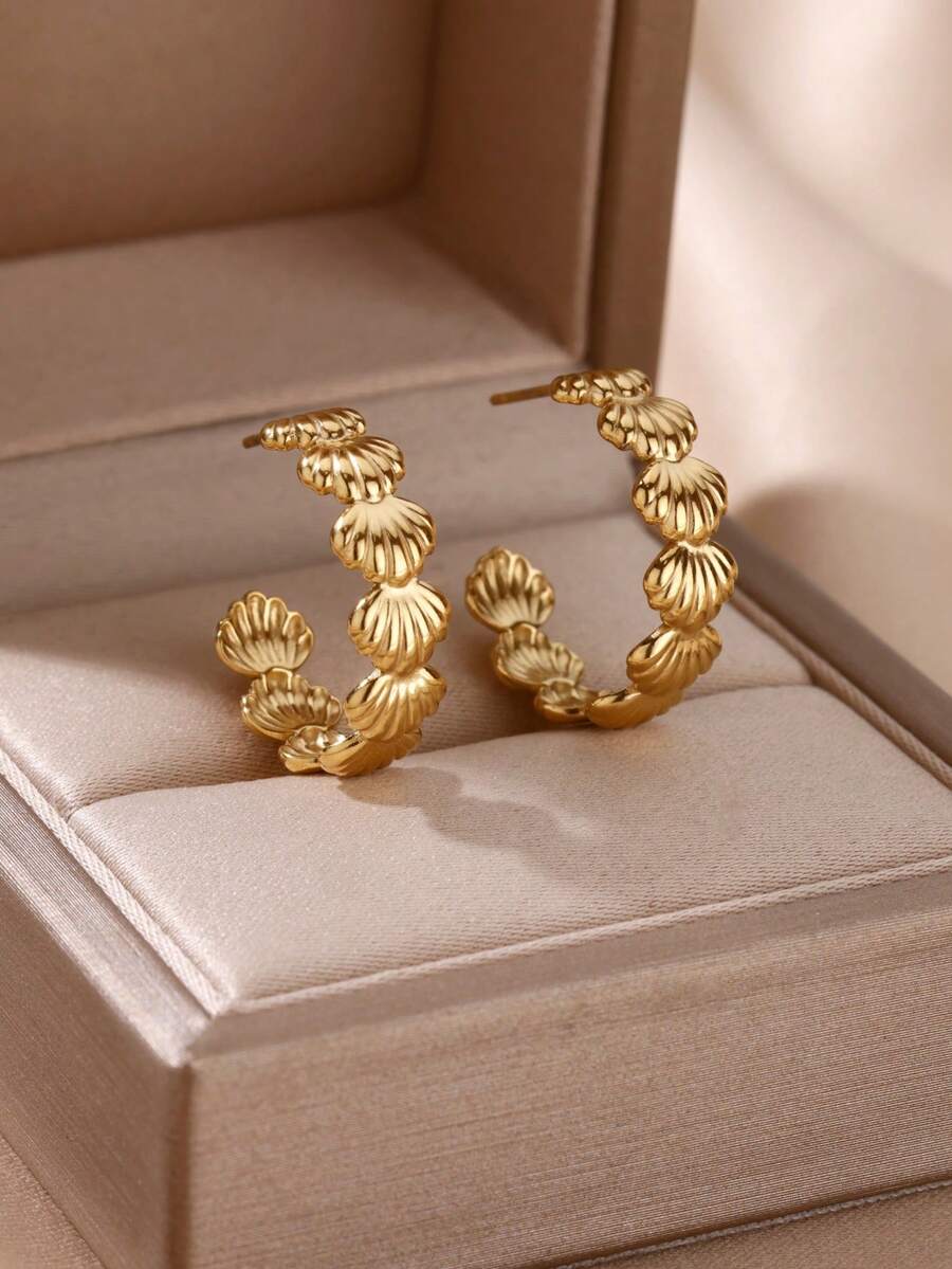 1 Pair Summer Ocean Style Shell C-Shaped Earrings, 18K Gold Plated Stainless Steel Jewelry, Versatile Beach Vacation Gift - Multicolor - View 1