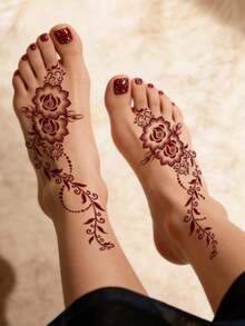 全手足花卉图案棕色、红色、酒红色性感临时纹身贴纸，适合女性，灵感源自海娜彩绘的防水花卉图案纹身贴纸，棕色纹身贴纸，适用于人体彩绘、婚礼和派对 - 紅色 - 查看 5