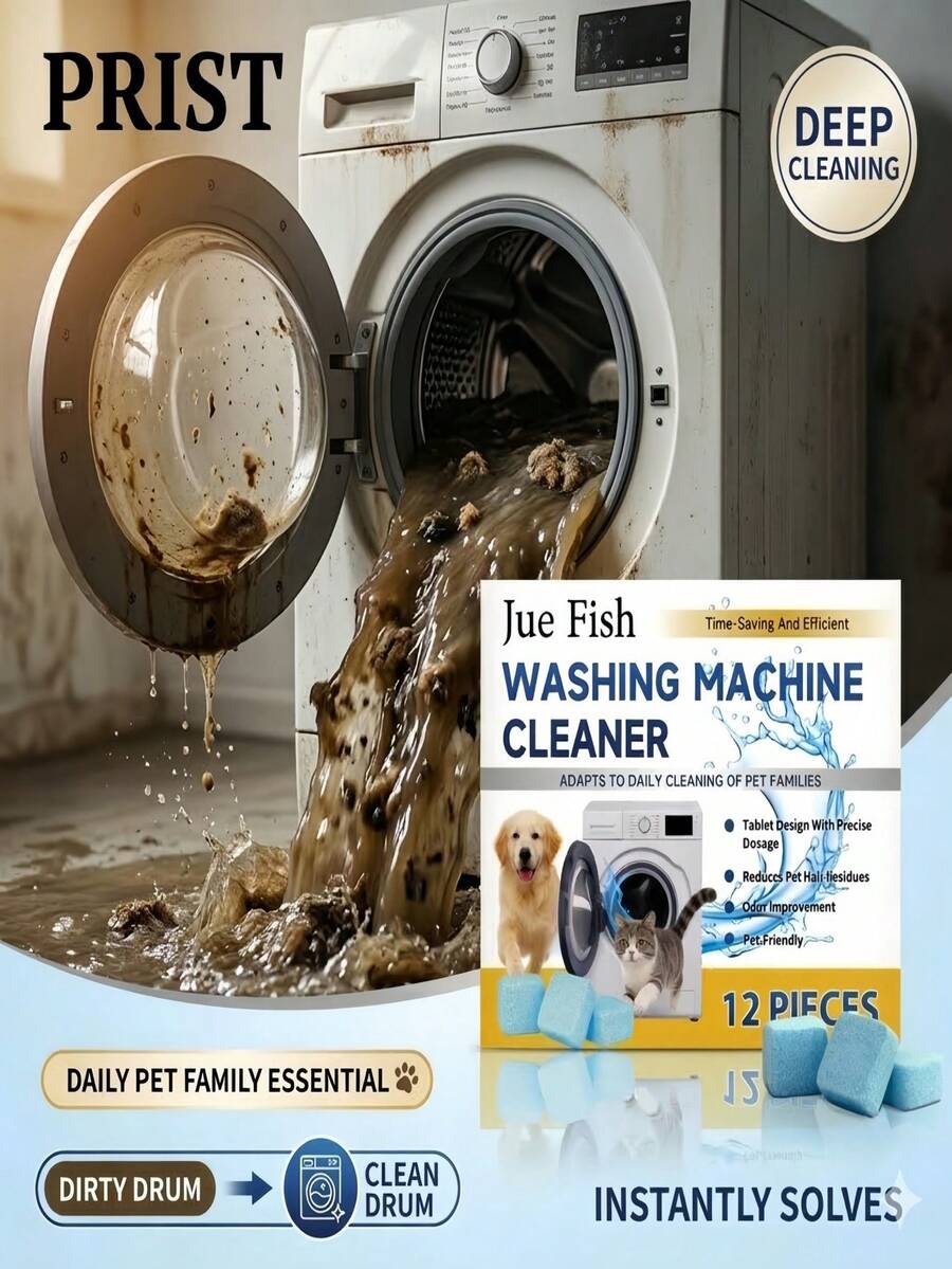 PRIST Washing Machine Cleaner Tablets, 12pcs Deep Cleaning Effervescent Tablets For Front-Load And Top-Load Washers, Heavy Duty Stain And Odor Removal, Fresh Washer Tub Descaling, Universal Washer Care For Pet Households, Removes Dirt And Limescale, Long-Lasting Freshness, Easy-To-Use Maintenance Kit