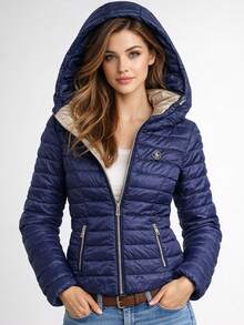 Women's Transitional Quilted Jacket With Detachable Hood, Stand Collar, 2 Pockets, Lightly Padded, Hip Length, Spring/Autumn - Navy Blue - View 2