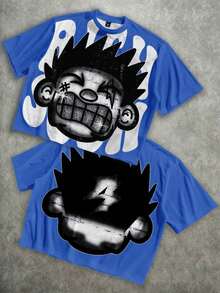 Manfinity Roghcode Men's Oversized Distressed Funny Diamond Teeth Tattoo Big Face Allover Print Cropped Loose T-Shirt (High Quality) - Royal Blue - View 12