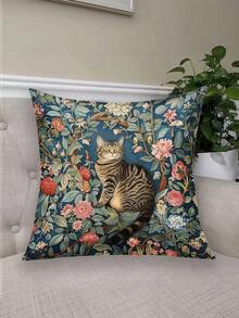 Bộ 1/2/4 vỏ gối nhung họa tiết mèo và thực vật - Vỏ gối trang trí có khóa kéo họa tiết hoa hiện đại, một mặt, thích hợp cho ghế sofa/giường (Có thể giặt máy, phù hợp cho phòng khách, văn phòng) - Màu xanh lam - Xem 5