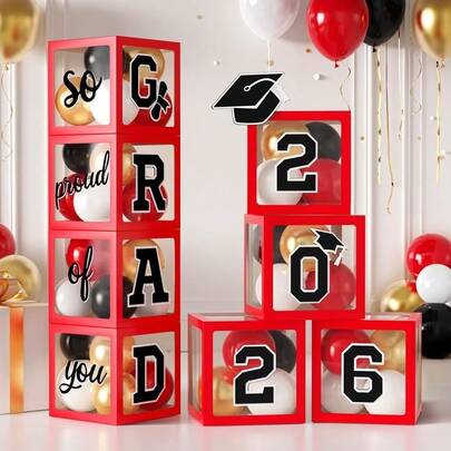 1 Set Red & Black Graduation Transparent Balloon Decor Box With Mortarboard Cap And Letter Cards, Suitable For Summer Graduation Ceremony, Party Decoration And Social Media Background