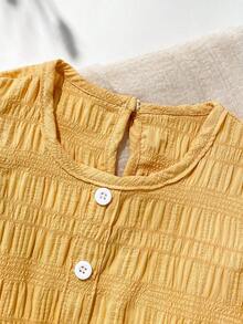Young Girl Plain Round Neck Ruffle Casual Vacation Dress - Ginger - View 4