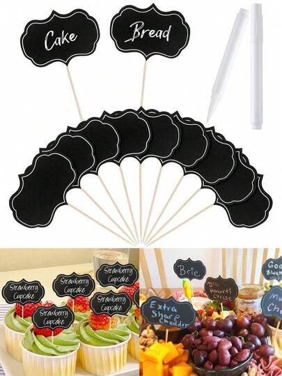24 chiếc bảng đánh dấu thực phẩm cho tiệc charcuterie, bảng viết mini bằng giấy đen kèm bút đánh dấu, thẻ tên thực phẩm cho tiệc buffet, cờ tăm trống cho biển hiệu món khai vị, que cắm bánh cupcake và bánh mì sandwich, dùng để trang trí sinh nhật, đám cưới, tiệc tùng.