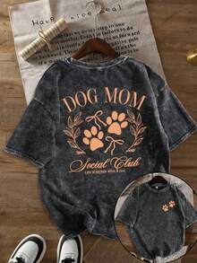 1pcsWomen's Vintage Washed Soft Anime & Dog Mom Graphic T-Shirt - Casual Loose Fit Short Sleeve Round Neck Top With Paw Print & Social Lettering, Spring Summer Pet Lover Apparel For Daily Commuting & Outings, Weekend Attire, Lightweight Tee, Comfortable Wear, Crew Neck Shirt180g-Summer Outfits For Women Shine Washed Cotton Tops Vintage Graphic Going Out Short Sleeve Tees - 黑色 - 查看 1
