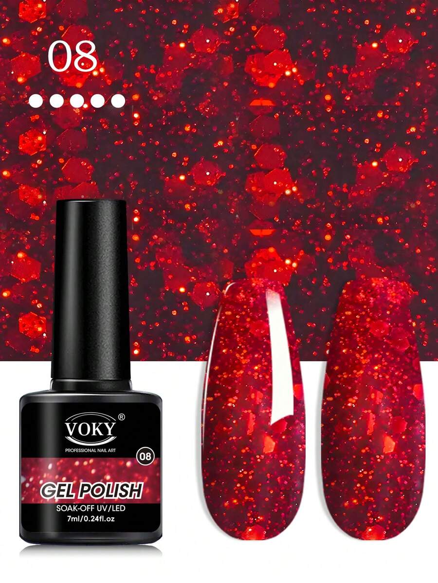 VOKY 1支装红色闪粉美甲胶，经典樱桃红，UV/LED灯固化，不含甲醛，质地丰润，7毫升 - 紅色 - 查看 1