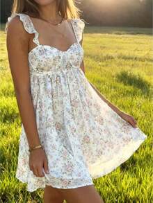 Women's Summer Dress Elegant Flower Print Sleeveless Sweetheart Neck Mini Dress For Party Date Night Wear - 粉色 - 查看 1