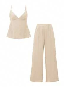 Vaiaye 女士两件套：优雅吊带上衣和宽松抽绳裤，亚麻深V露背吊带上衣搭配宽松腰裤，性感可爱优雅浪漫夏季两件套 - 卡其色 - 查看 3