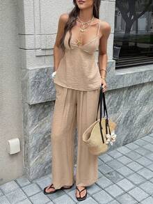 Vaiaye 女士两件套：优雅吊带上衣和宽松抽绳裤，亚麻深V露背吊带上衣搭配宽松腰裤，性感可爱优雅浪漫夏季两件套 - 卡其色 - 查看 7
