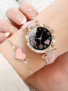 一套四件套奢华腕表珠宝套装，心形设计，搭配女士真皮表带。适合度假和日常佩戴，是馈赠佳品。 - 彩色 - 查看 7