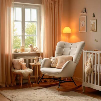 Meubles Cosy Rocking Chair With Wingback In Fabric And Wooden Base, Glider Rocker For Nursing, Sturdy Metal Legs, Comfy Armchair, Reading Chair, Beige
