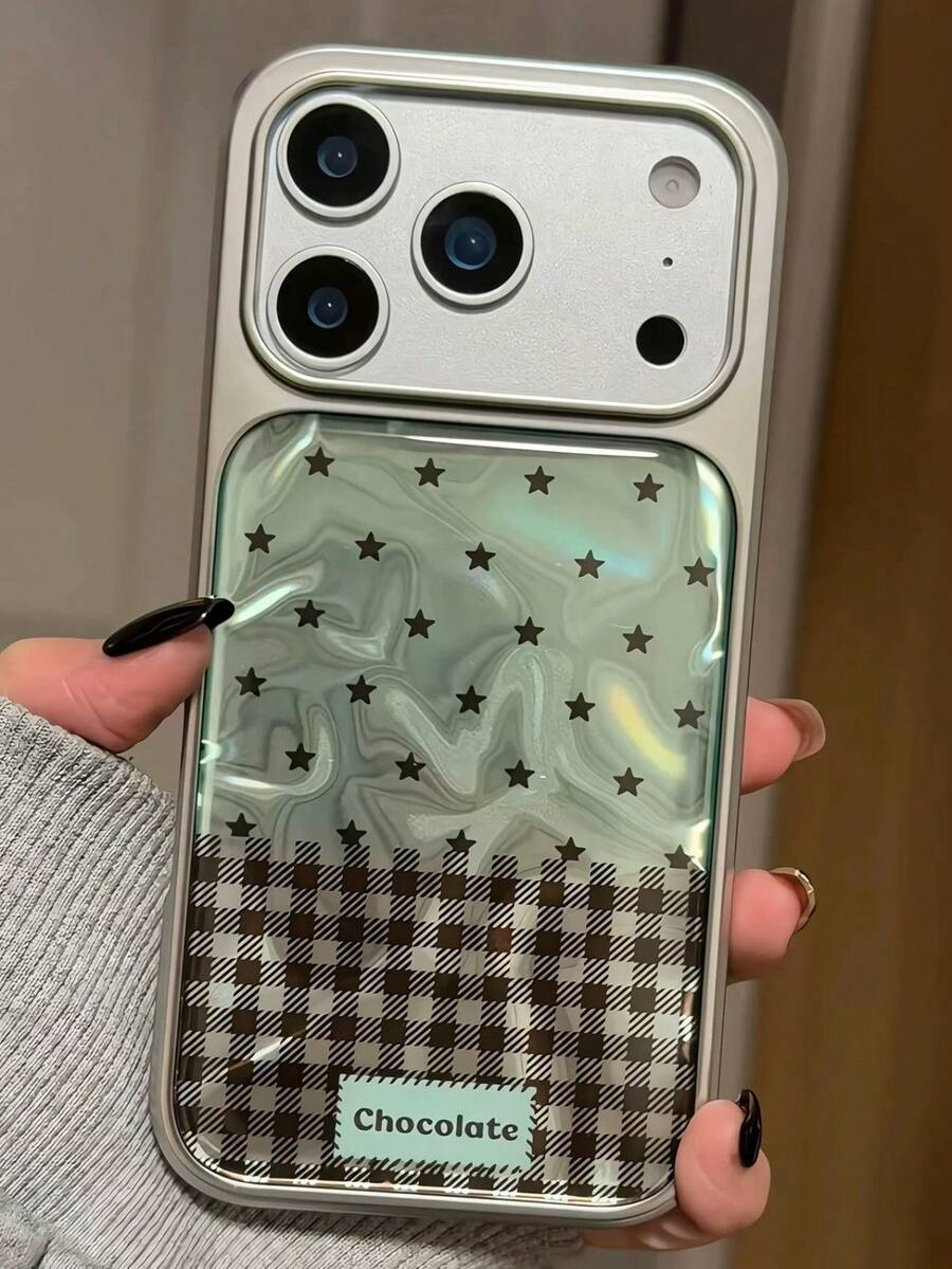 Korean Style Green Star Plaid Patchwork Phone Case For IPhone 17Pro Max, 17Pro, 17, 16Pro Max, 16Pro, 16, 15Pro Max, 15Pro, 15, Pro Max, 15, 14, Fashionable Unique Protective Cover - Green - View 1