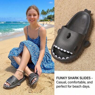 2026 New Black Shark Design Slippers, Cute Thick Sole Beach/Bathroom Slides, Soft Non-Slip Comfortable Plus Size For Summer