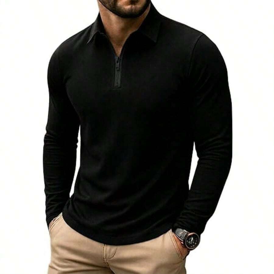 Premium Long-Sleeved Polo Shirt With Zipper. - 黑色 - 查看 1